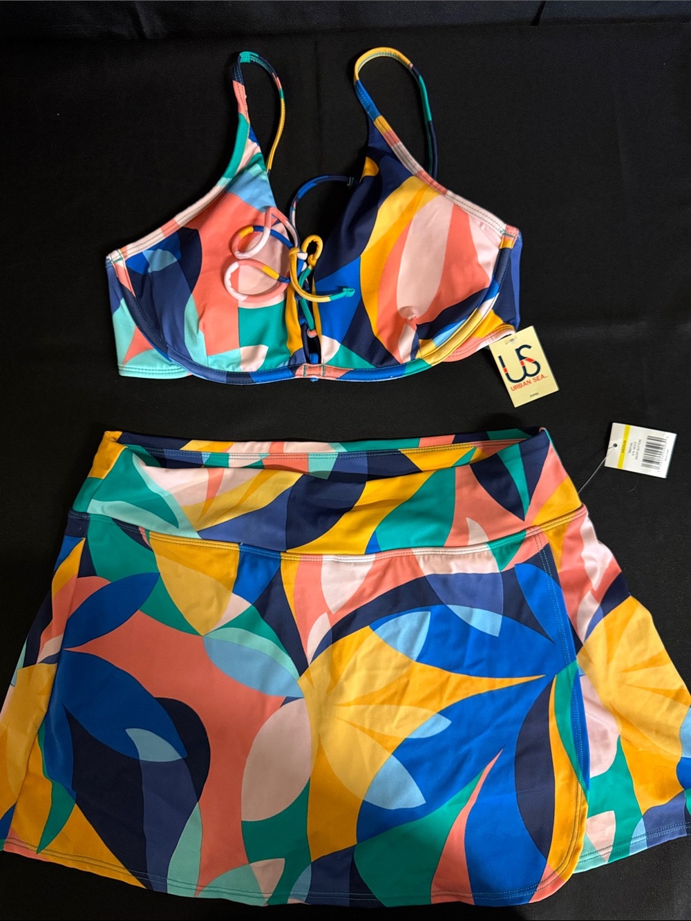 U.S. Swim Multicolor Leaf-Print Bikini Top & Swim Skirt